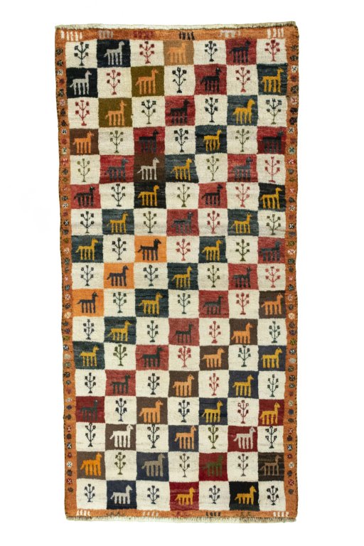 Full view of 2000s Persian Gabbeh rug from Iran / Persia, 155 × 76 cm in Multi Color tones