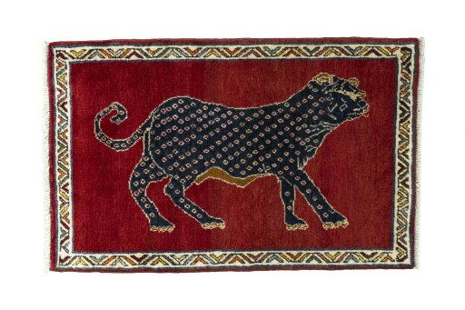 Full view of 2000s Persian Gabbeh rug from Iran / Persia, 104 × 67 cm in Red tones