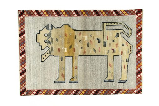 Full view of 2000s Persian Gabbeh rug from Iran / Persia, 151 × 106 cm in Beige tones