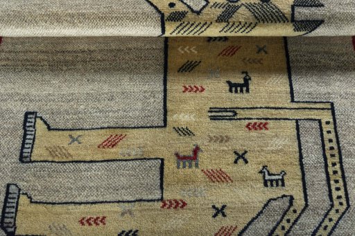 Full view of 2000s Persian Gabbeh rug from Iran / Persia, 151 × 106 cm in Beige tones