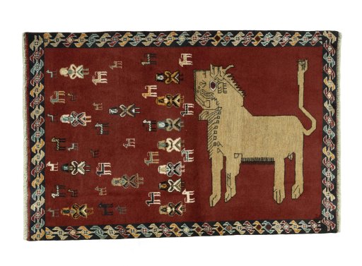 Full view of 2000s Persian Gabbeh rug from Iran / Persia, 151 × 102 cm in Red tones