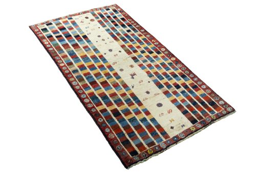Close-up detail of 2000s Persian Gabbeh rug from Iran / Persia showing Wool weave