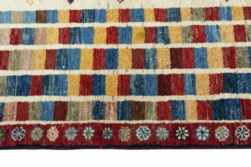 Close-up detail of 2000s Persian Gabbeh rug from Iran / Persia showing Wool weave