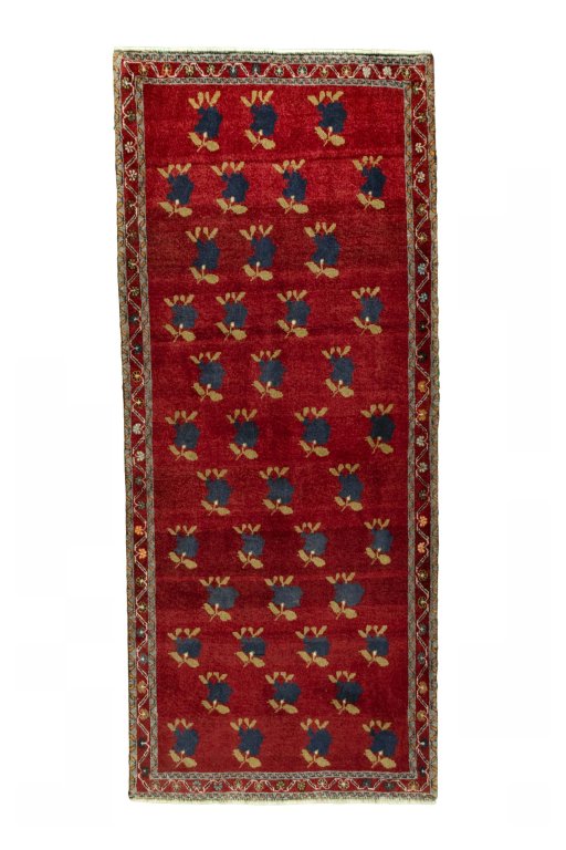 Full view of 2000s Persian Gabbeh rug from Iran / Persia, 200 × 86 cm in Red tones