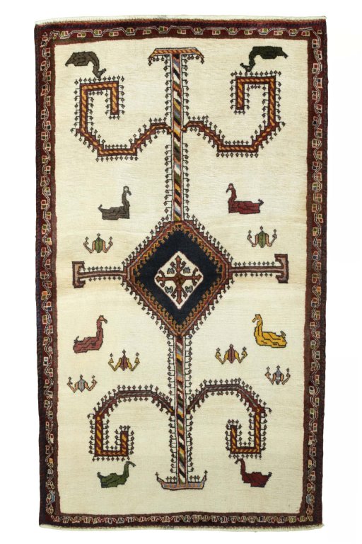 Full view of 2000s Persian Gabbeh rug from Iran / Persia, 178 × 103 cm in Beige tones