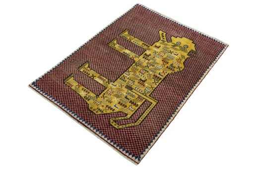 Corner detail of 2000s Persian Gabbeh rug showing border pattern and Wool pile