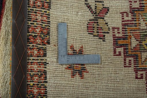 Close-up detail of 1970s Persian Gabbeh rug from Iran / Persia showing Wool weave