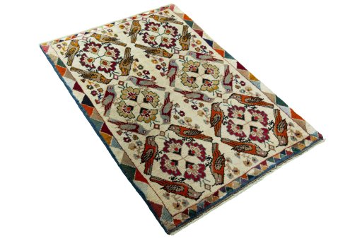 Close-up detail of 2000s Persian Gabbeh rug from Iran / Persia showing Wool weave