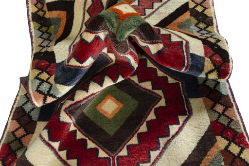 Close-up detail of 2000s Persian Gabbeh rug from Iran / Persia showing Wool weave