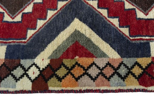Full view of 2000s Persian Gabbeh rug from Iran / Persia, 183 × 84 cm in Multi Color tones