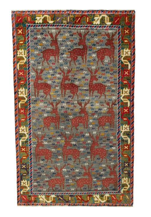 Full view of 2000s Persian Gabbeh rug from Iran / Persia, 170 × 106 cm in Gray tones