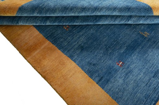 Full view of New Persian Gabbeh rug from Iran / Persia, 248 × 202 cm in Blue tones