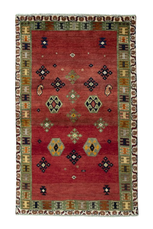 Full view of 2000s Persian Gabbeh rug from Iran / Persia, 182 × 111 cm in Red tones