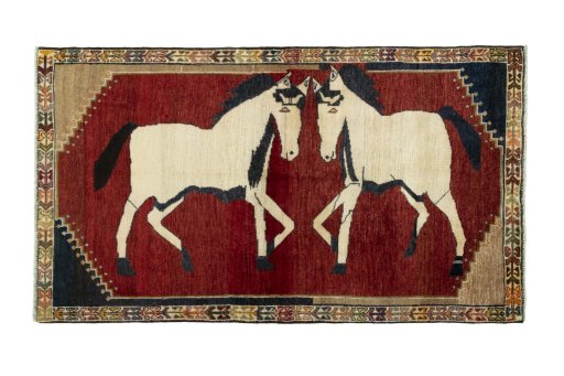 Full view of 2000s Persian Gabbeh rug from Iran / Persia, 176 × 101 cm in Red tones