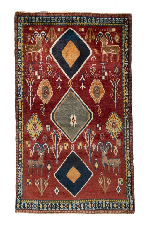 Full view of 2000s Persian Gabbeh rug from Iran / Persia, 194 × 113 cm in Red tones