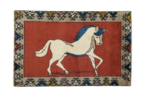 Full view of 2000s Persian Gabbeh rug from Iran / Persia, 121 × 80 cm in Red tones