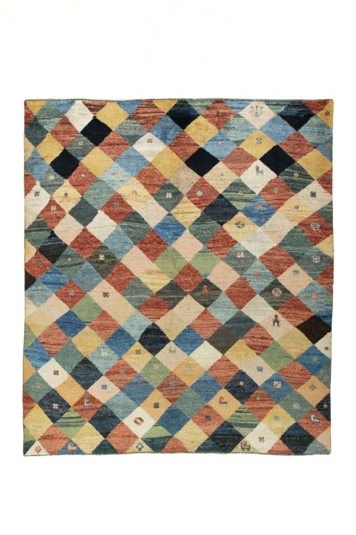 Full view of 2000s Persian Gabbeh rug from Iran / Persia, 224 × 198 cm in Multi Color tones