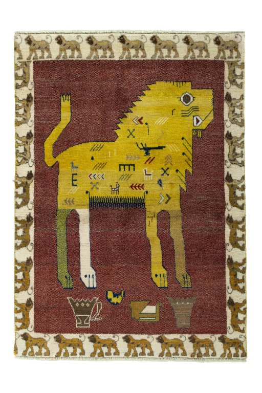 Full view of 2000s Persian Gabbeh rug from Iran / Persia, 152 × 109 cm in Red tones