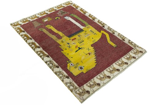 Close-up detail of 2000s Persian Gabbeh rug from Iran / Persia showing Wool weave