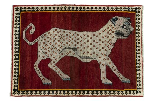 Full view of 2000s Persian Gabbeh rug from Iran / Persia, 146 × 104 cm in Red tones