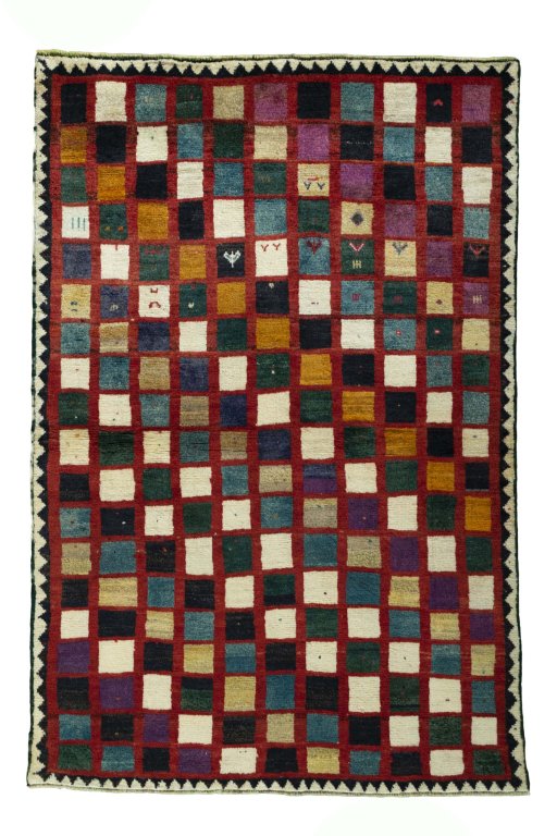 Full view of 2000s Persian Gabbeh rug from Iran / Persia, 189 × 127 cm in Multi Color tones