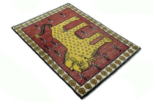 Close-up detail of 2000s Persian Gabbeh rug from Iran / Persia showing Wool weave