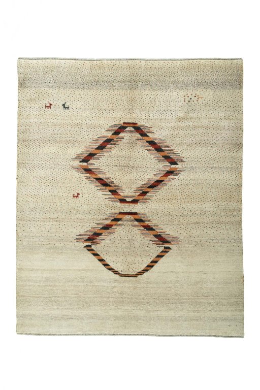 Full view of New Persian Gabbeh rug from Iran / Persia, 209 × 173 cm in Beige tones