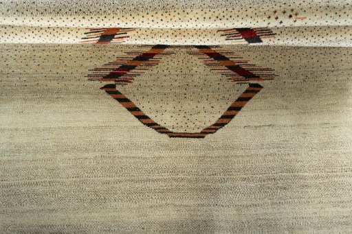 Full view of New Persian Gabbeh rug from Iran / Persia, 209 × 173 cm in Beige tones