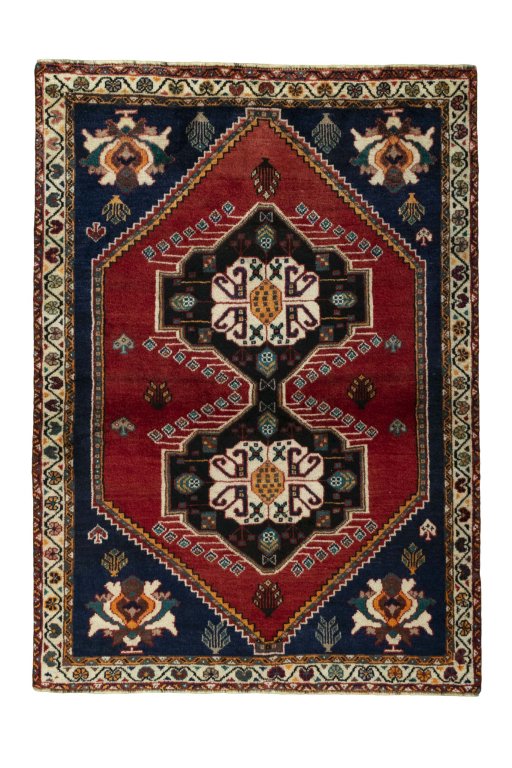 Full view of 2000s Persian Gabbeh rug from Iran / Persia, 157 × 113 cm in Red tones