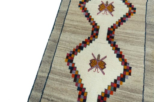 Backside of handmade 2000s Persian Gabbeh rug showing knot structure and weave density