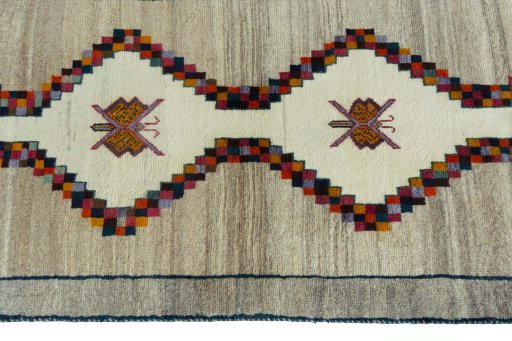 Close-up detail of 2000s Persian Gabbeh rug from Iran / Persia showing Wool weave