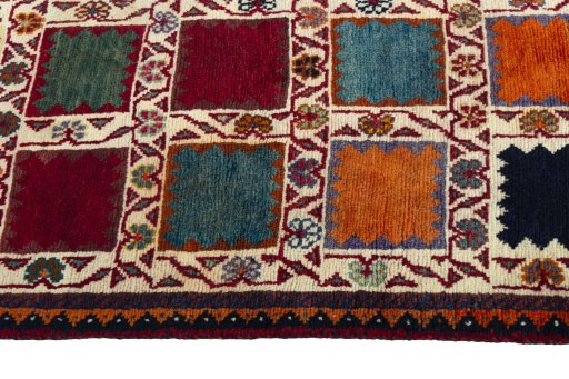 Close-up detail of 2000s Persian Gabbeh rug from Iran / Persia showing Wool weave
