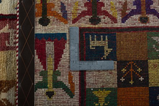 Close-up detail of 2000s Persian Gabbeh rug from Iran / Persia showing Wool weave