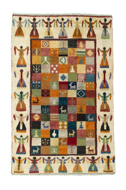 Full view of 2000s Persian Gabbeh rug from Iran / Persia, 125 × 81 cm in Multi Color tones