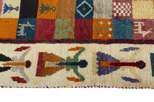 Close-up detail of 2000s Persian Gabbeh rug from Iran / Persia showing Wool weave