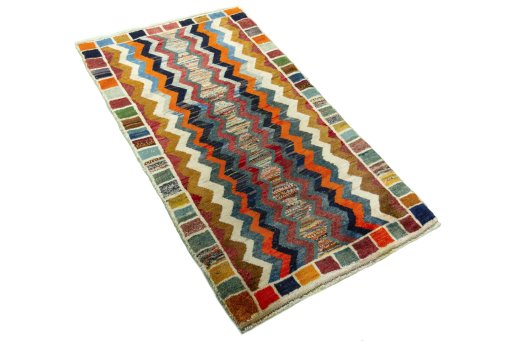 Close-up detail of 2000s Persian Gabbeh rug from Iran / Persia showing Wool weave