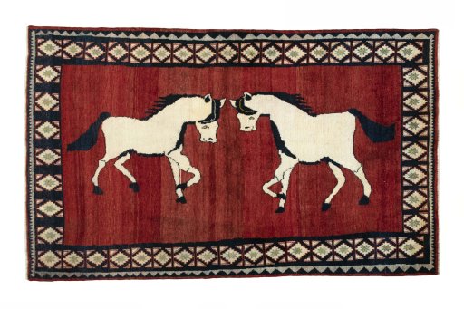 Full view of 2000s Persian Gabbeh rug from Iran / Persia, 241 × 148 cm in Red tones
