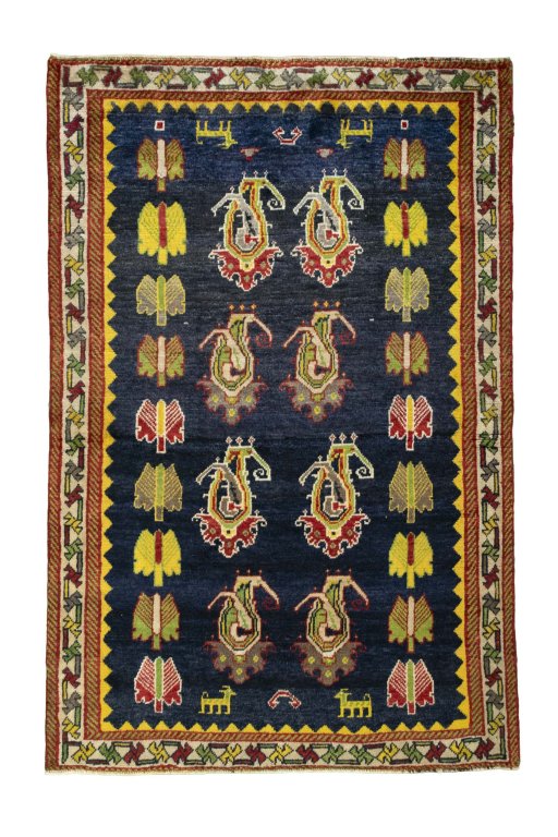 Full view of 2000s Persian Gabbeh rug from Iran / Persia, 186 × 123 cm in Blue tones