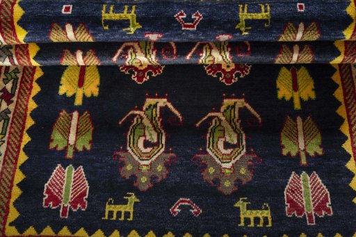 Full view of 2000s Persian Gabbeh rug from Iran / Persia, 186 × 123 cm in Blue tones