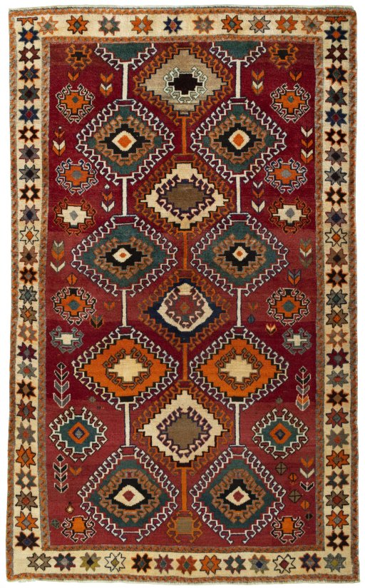 Full view of 2000s Persian Gabbeh rug from Iran / Persia, 224 × 136 cm in Red tones
