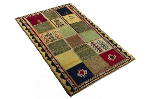 Close-up detail of 2000s Persian Gabbeh rug from Iran / Persia showing Wool weave