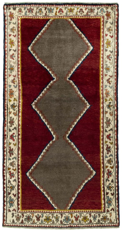 Full view of 2000s Persian Gabbeh rug from Iran / Persia, 183 × 95 cm in Red tones