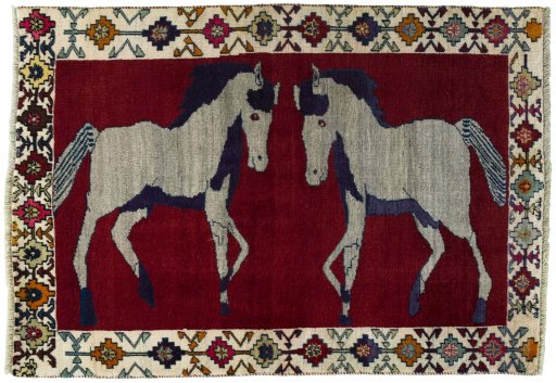 Full view of 2000s Persian Gabbeh rug from Iran / Persia, 150 × 105 cm in Red tones