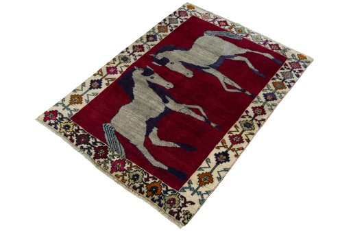 Corner detail of 2000s Persian Gabbeh rug showing border pattern and Wool pile