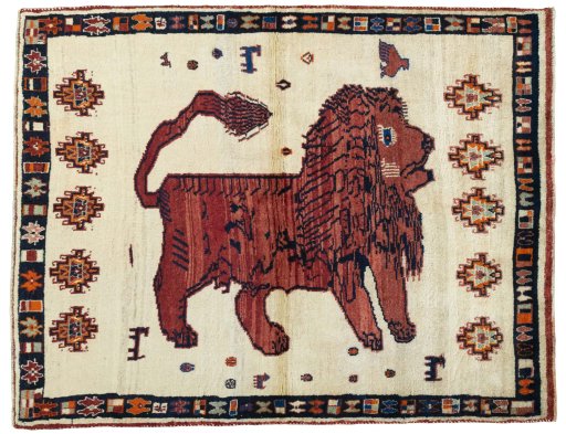 Full view of 2000s Persian Gabbeh rug from Iran / Persia, 186 × 146 cm in Beige tones