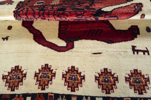 Full view of 2000s Persian Gabbeh rug from Iran / Persia, 186 × 146 cm in Beige tones