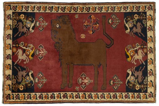 Full view of 2000s Persian Gabbeh rug from Iran / Persia, 195 × 130 cm in Red tones