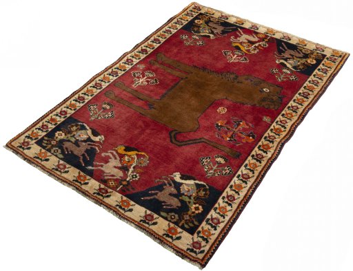 Corner detail of 2000s Persian Gabbeh rug showing border pattern and Wool pile