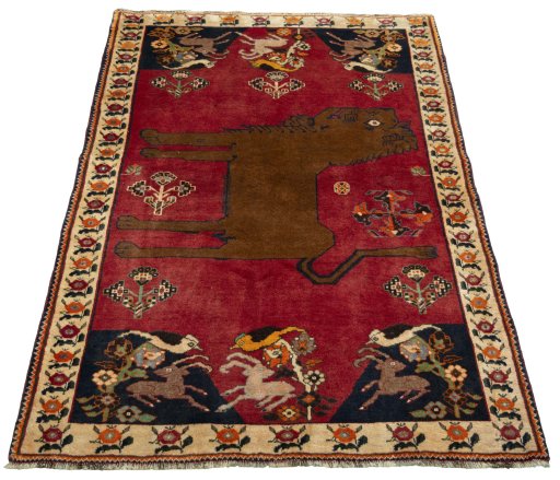 Surface texture of 2000s Persian Gabbeh rug with natural Wool and intricate pattern