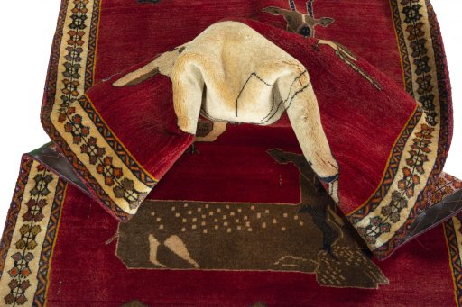 Corner detail of 2000s Persian Gabbeh rug showing border pattern and Wool pile